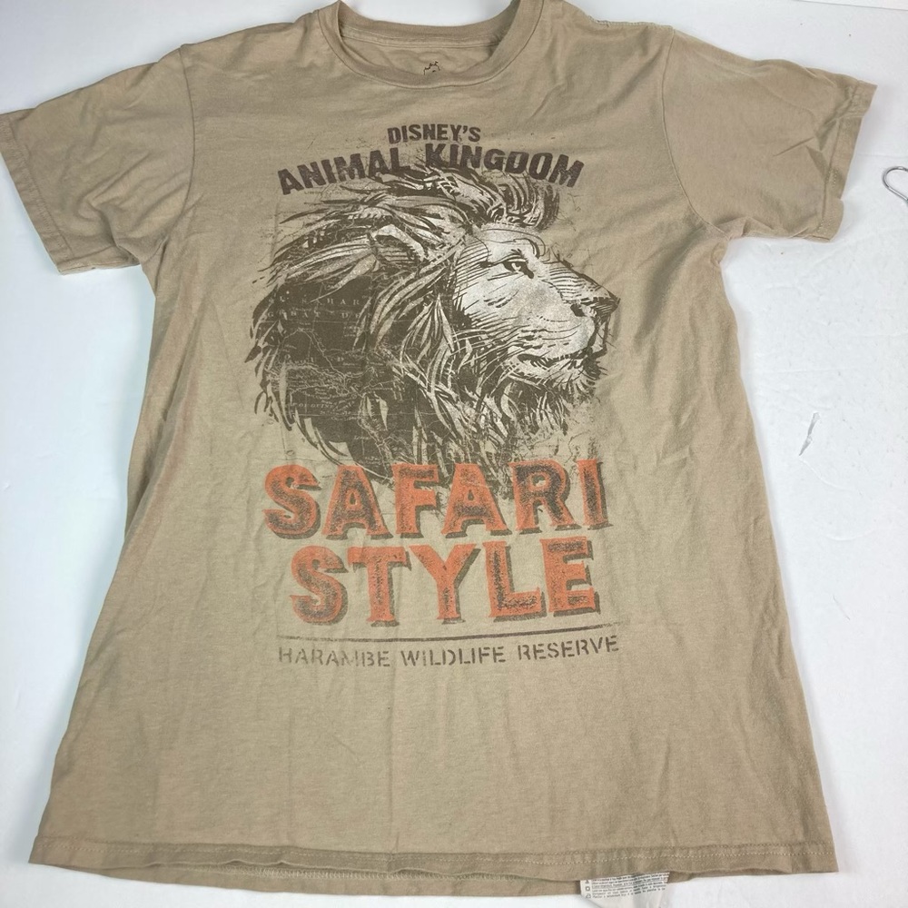 Disney Tan Short Sleeve Tee with Brown Lion and Orange 'Safari Style' Print